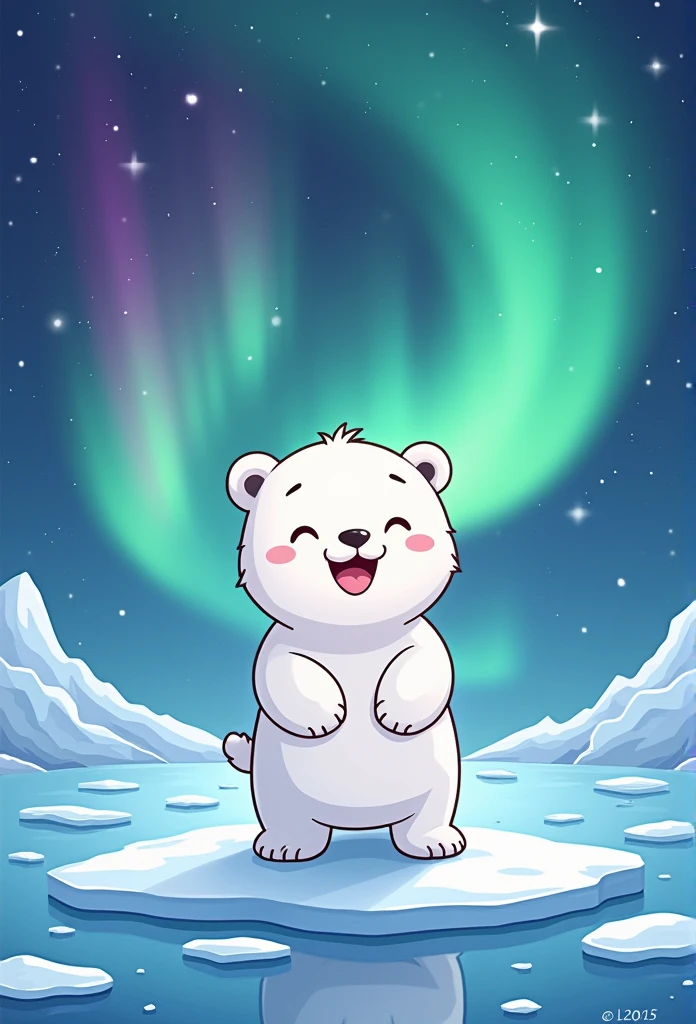 320x320 pixels,masterpiece,White bear in a manga,smile、Standing pose,Standing on the ice、Line Works,cute、Aurora Borealis in the background、beautiful、Shining Star
