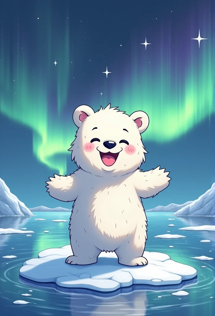 320x320 pixels，masterpiece，White bear in a manga，smile、Standing pose，Standing on the ice、Line Works，cute、Aurora Borealis in the background、beautiful、Shining Star