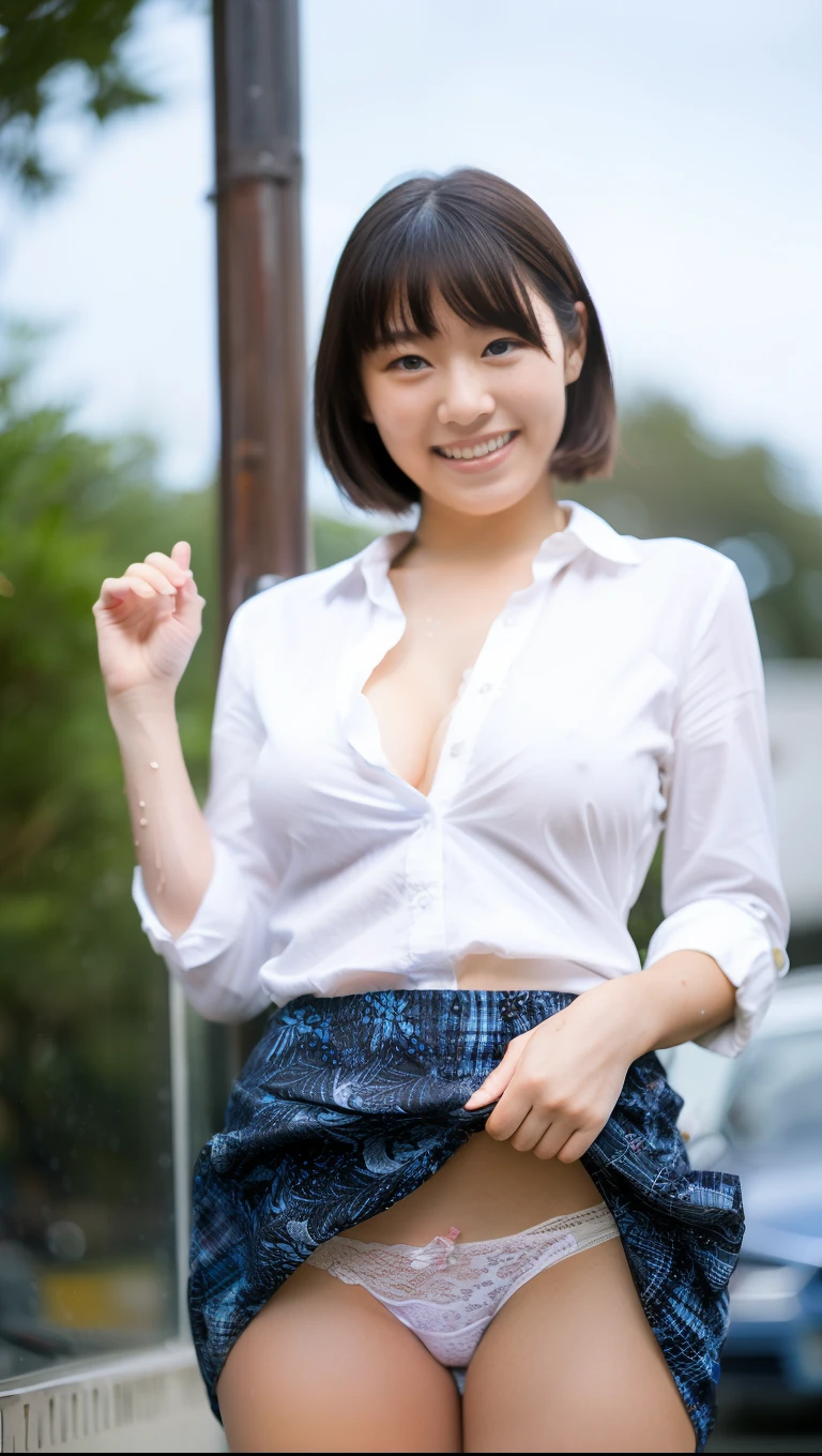 (hand up:1.5),(Wearing a shirt),In town,The skin is wet from sweat,OL,looking at the camera,Cleavage,smile,skirtリフト、skirtを手で上げる,woman, 20-year-old, Short Hair、bangs、(skirt),(White lace panties)、Cute earrings,Natural lighting