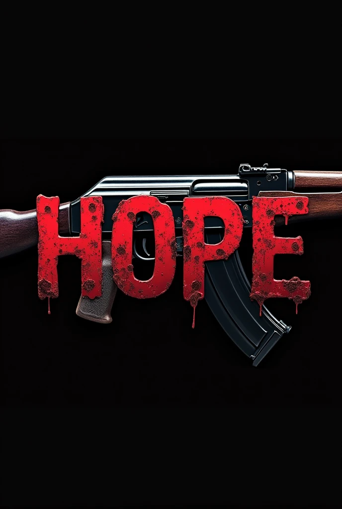 “Create a logo with the name ‘Hope’ in large, distressed red letters. Behind the text, place realistic AK-47, but so that the weapons are completely behind the letters, serving as a backdrop without overlapping or obscuring the text. The main colors should be red and black, with dark accents on the weapons to maintain a strong, striking contrast.”
