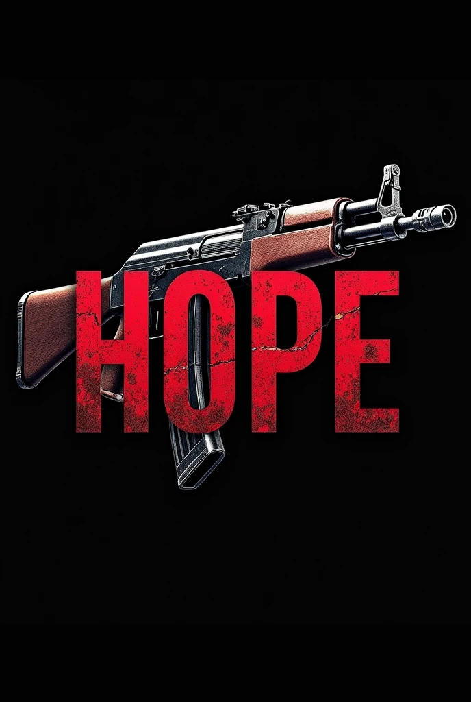 “Create a logo with the name ‘Hope’ in large, distressed red letters. Behind the text, place realistic AK-47, but so that the weapons are completely behind the letters, serving as a backdrop without overlapping or obscuring the text. The main colors should be red and black, with dark accents on the weapons to maintain a strong, striking contrast.”