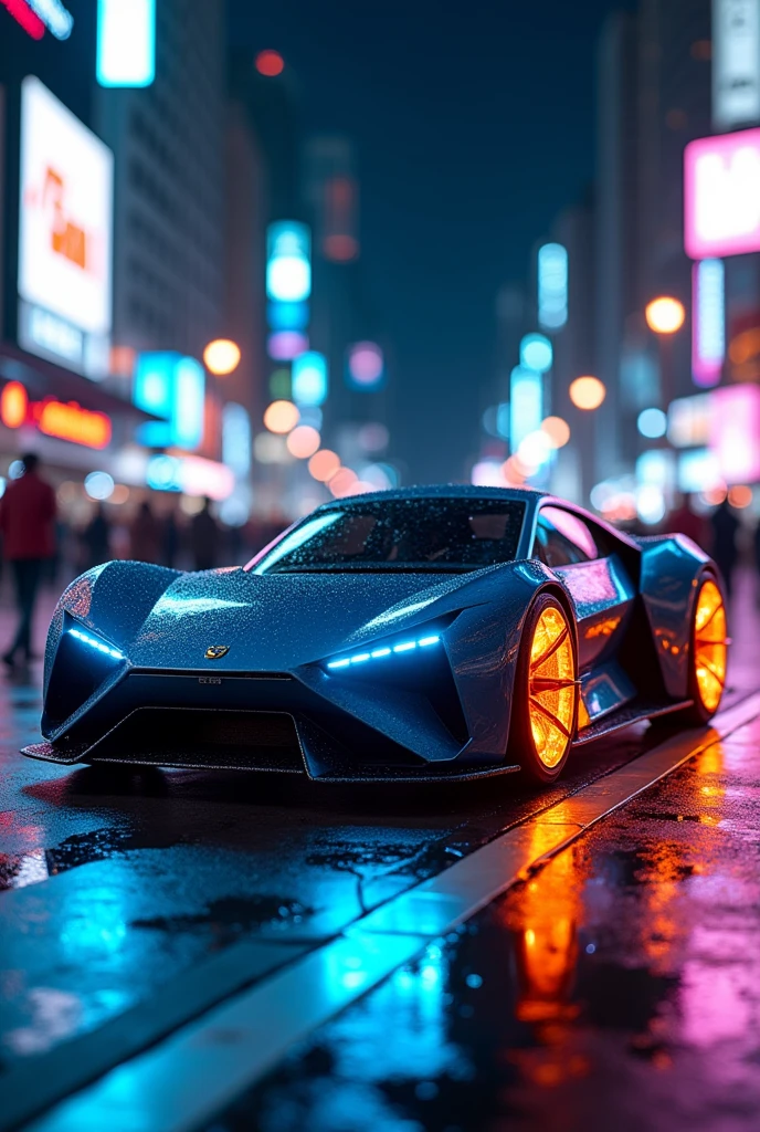 Futuristic electric car with Sapphire Blue LED lights, fire rims and a lion-like design with a Lion logo 