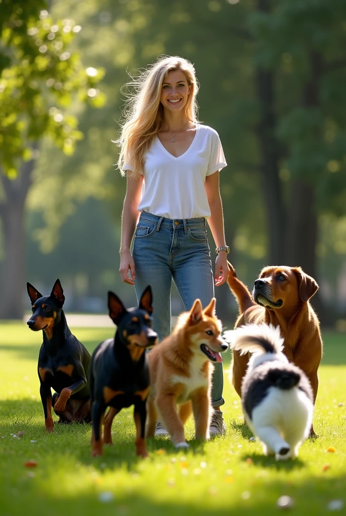 blonde hair blue eyes
Two black Pinscher dogs
Large breed dog brown color
One medium breed dog caramel color
One black and white Lhasa dog
One medium breed white dog