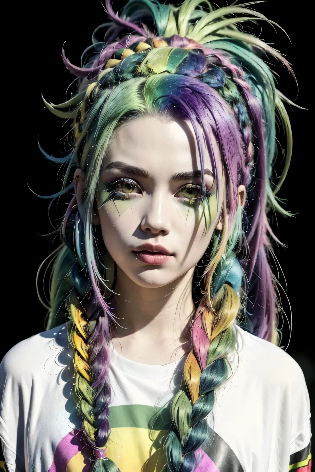 a close-up of a person with green hair and a skateboard, wild raving outfit, raving outfit, wearing a punk outfit, raverizer girl, dirty woman with rainbow hair, bold raving outfit, punk outfit, rainbow in the background, with rainbow hair sprouting, dressed in crustpunk clothing, long and shiny colored hair, second life avatar, colorful braid