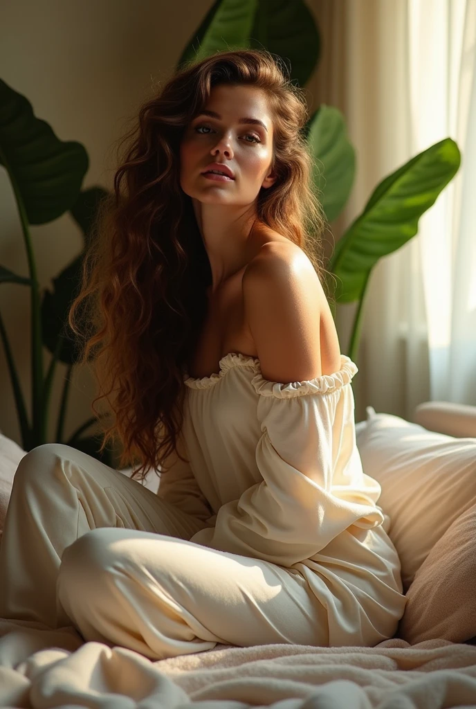 (photorealism:1.2), beautiful woman, sitting on bed, wearing loose off-shoulder top, pajama pants, long curly hair, indoors, soft lighting, plants in background, window with sunlight, cozy room, relaxed pose, realistic, intricate details, warm colors, by Greg Rutkowski, by Alphonse Mucha
