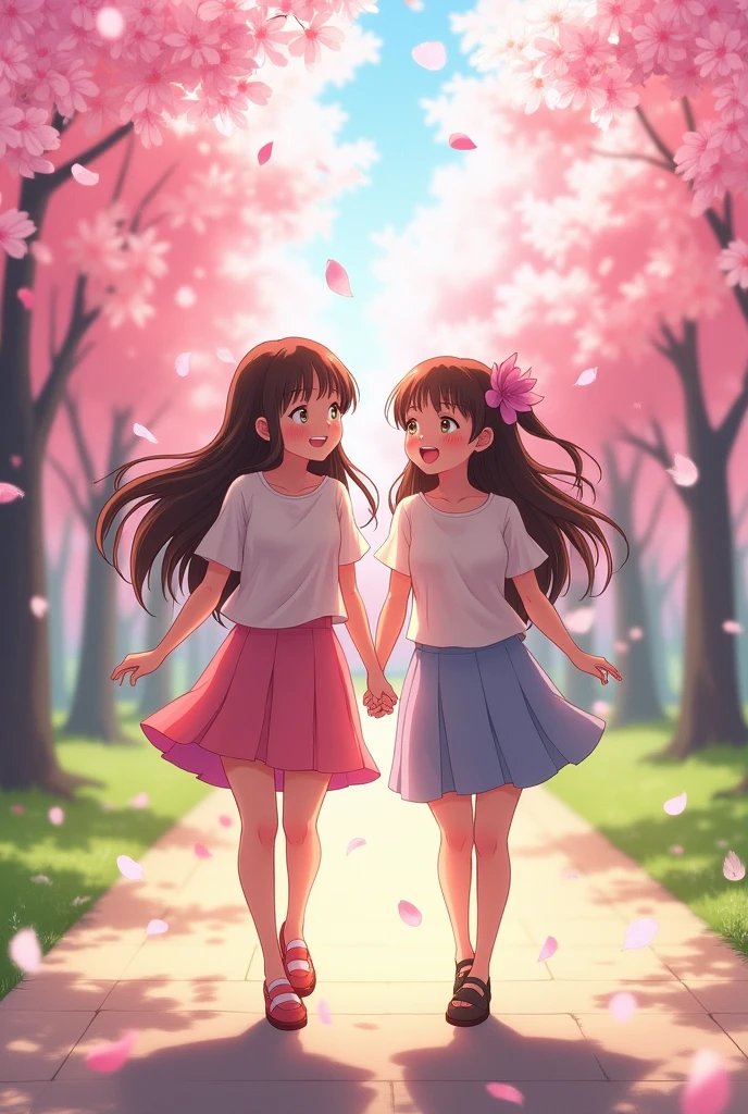 Anime girl walks with her twin sister, the younger sister locks her one arms to her big sister's one arm and they were smiling