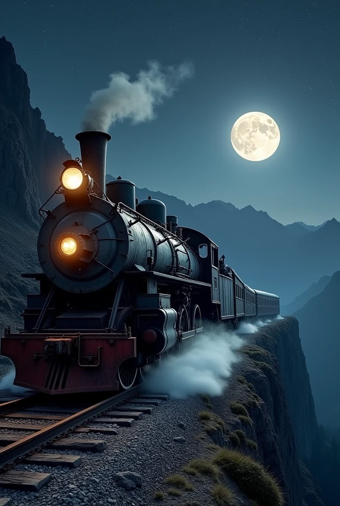 Old train going towards a cliff, better quality with night details, ultra-detailed uhq