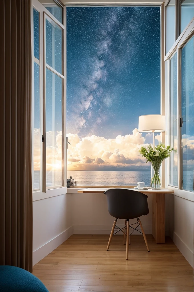 masterpiece,Highest quality,animal,Little,cute,No humans,dog,white、room、The starry sky outside the window、