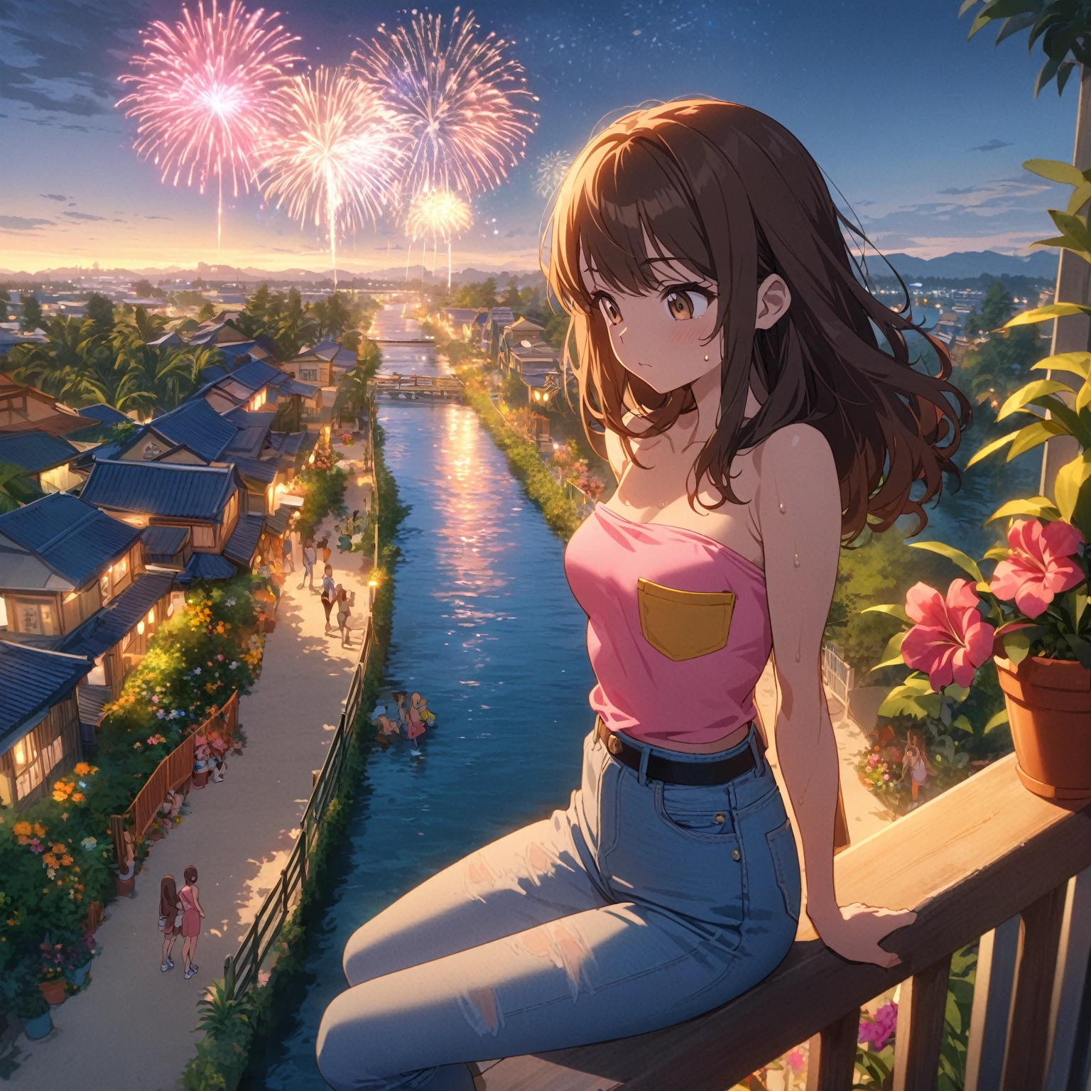 Best quality, masterpiece, from side, from above, standing on balcony railing, young woman looking down at river, very long hair, brown hair, swept bangs, brown eyes, toned arms, small breasts, sweat, strapless sleeveless pink shirt with yellow pocket, jeans, sneakers, anime cartoon, tropical potted plants, sandy path, neighborhood, colorful flowers, fence, trees, river, fireworks, festival, people in background, night,
