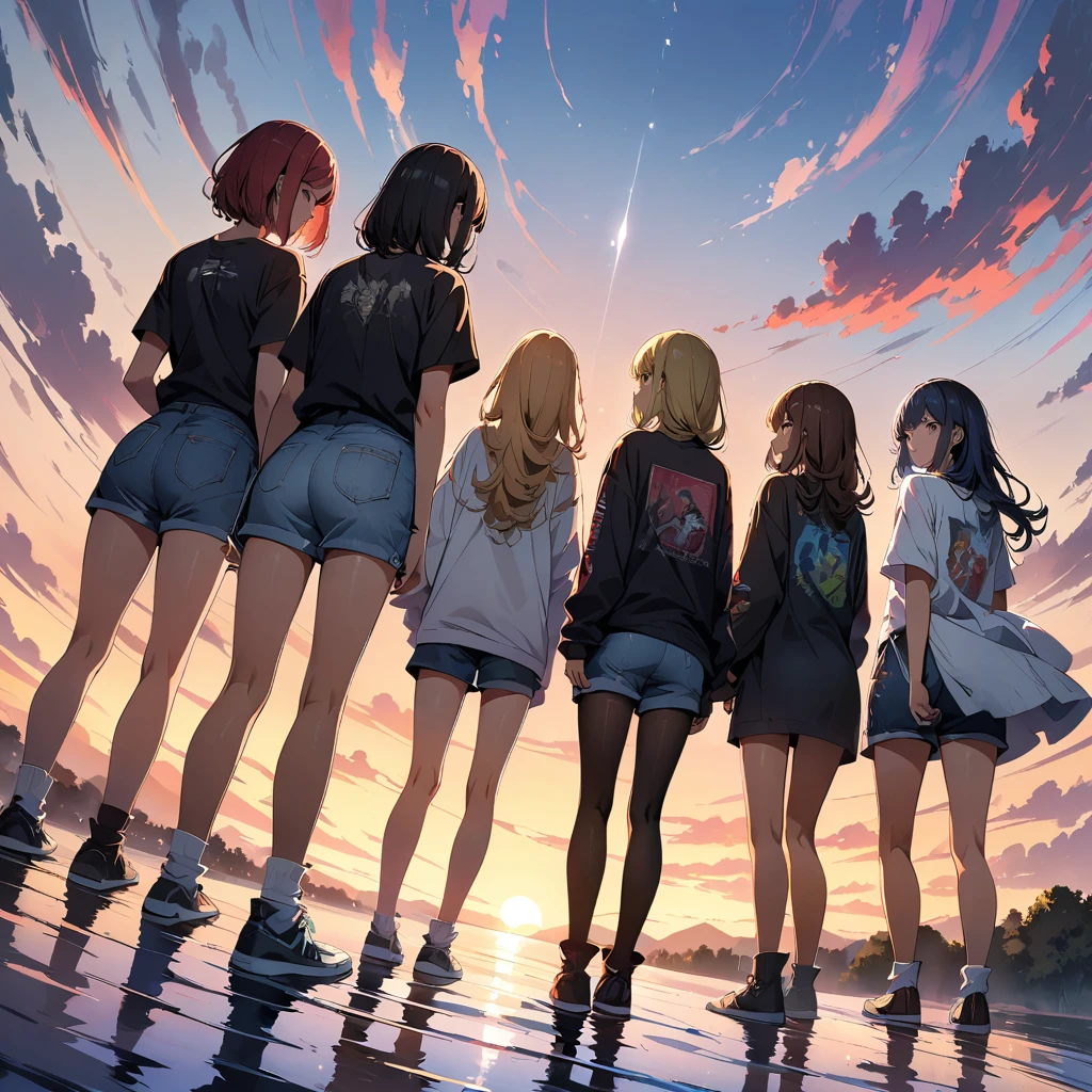official art, unified 8k wallpaper, super detailed, masterpiece, Best image quality,super wide angle,evening,(five slim girls are standing side by side:1.5), (standing far away:1), black t-shirt and jeans shorts, rock stars, Standing in the pond,(Backlit:1.5), water is like a mirror,reflecting the sky。look up to the sky,Colorful sunset,Dynamic angle, grace, bright colors, from behind
