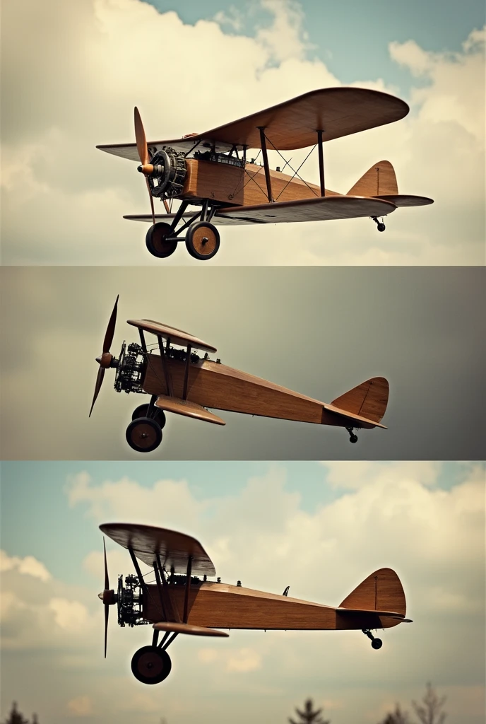 An image of a World War I airplane, but less advanced.
With a simple gear operation and a small, simple oil-based engine. ( that it is a complete image where the entire plane appears and the simple gear mechanism can be seen ) an image split to show the plane from different angles 