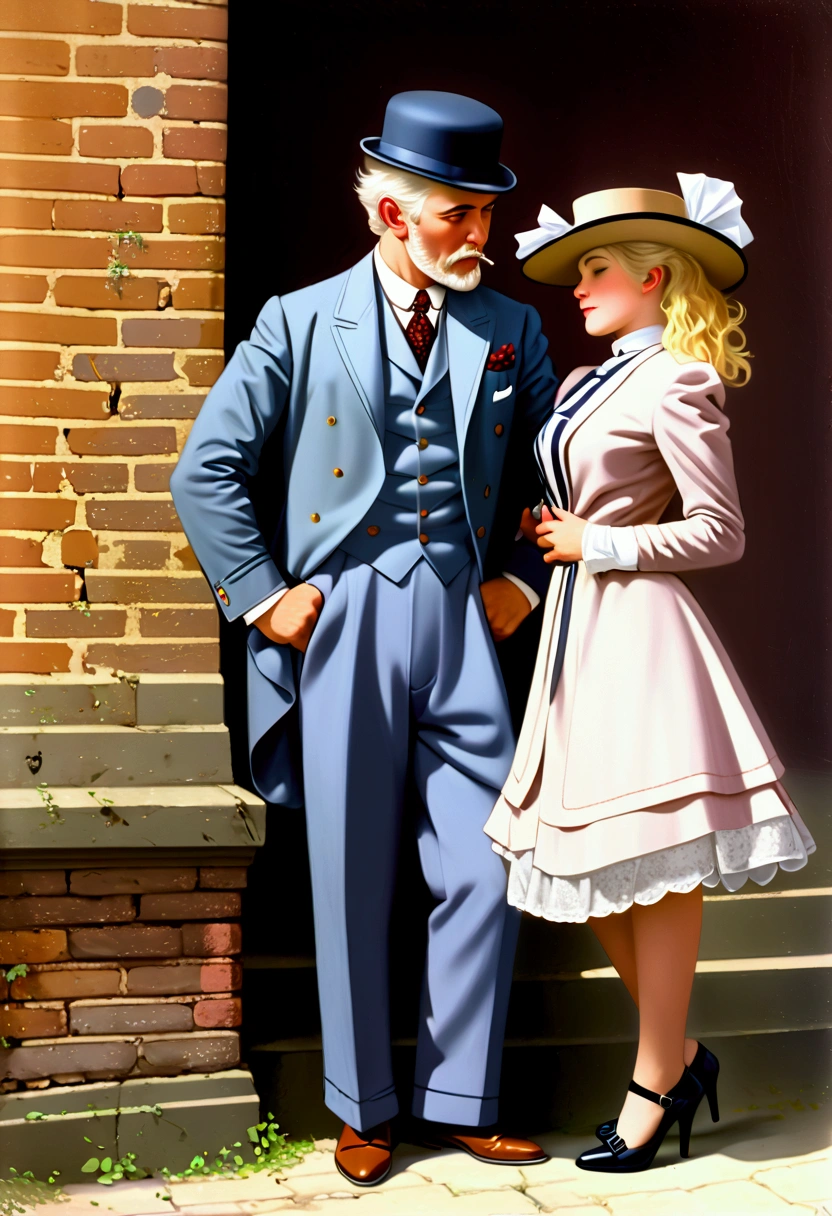 Year 1901. (((1man, 1girl:1.5))). A gorgeous thotty 15yo blonde Gibson Girl ((having sex:1.5)) with an aged horny 69yo white-haired gentleman. 1900_dress. (((NSFW.))) Man cornering girl on a wall. Man one head taller than girl. Girl wearing high-collar long sleeve dress, wide-brimmed hat. Man wearing three-piece business suit and bowler hat.