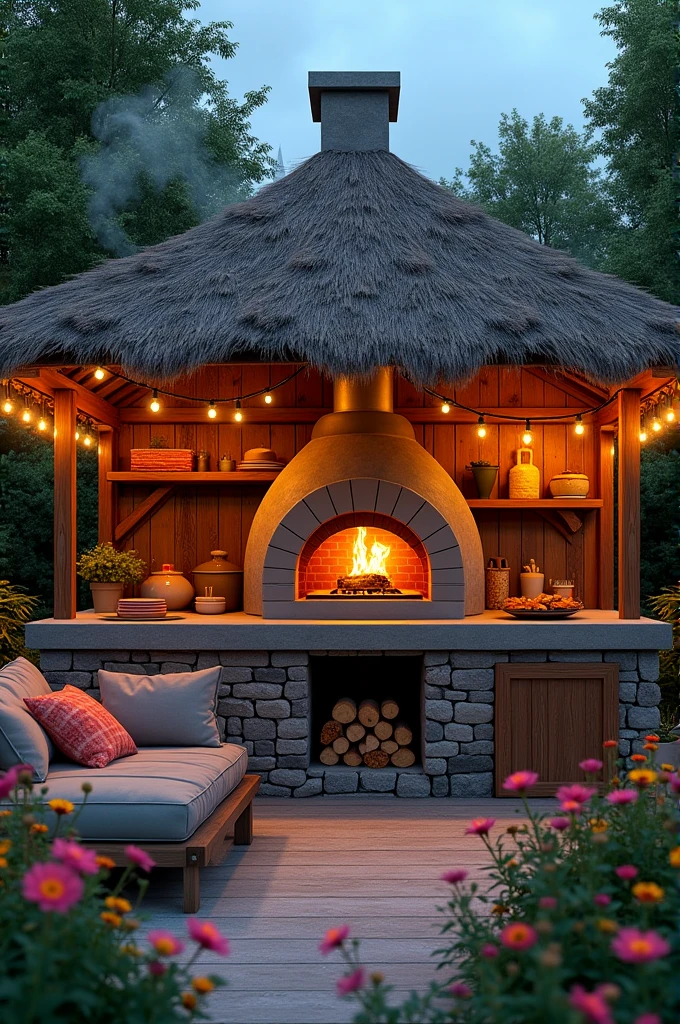 Build a rustic outdoor oven that has a countertop and sink, with a roof and lights.