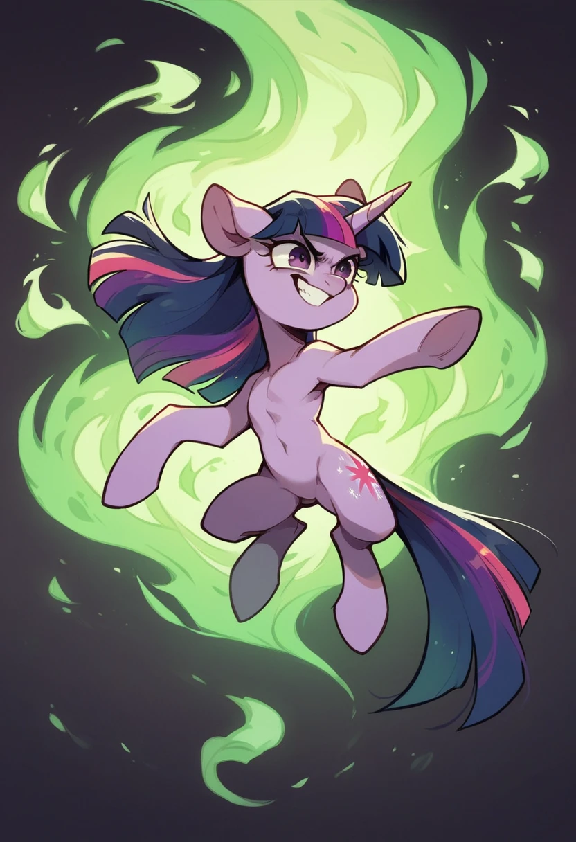 Twilight sparkle, evil smile, floating, dark room, green fire on the background