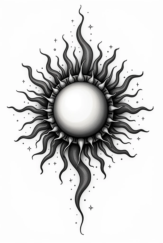 A sun tattoo, on a white background , menos realista, in black and white, with no face, with more light tones