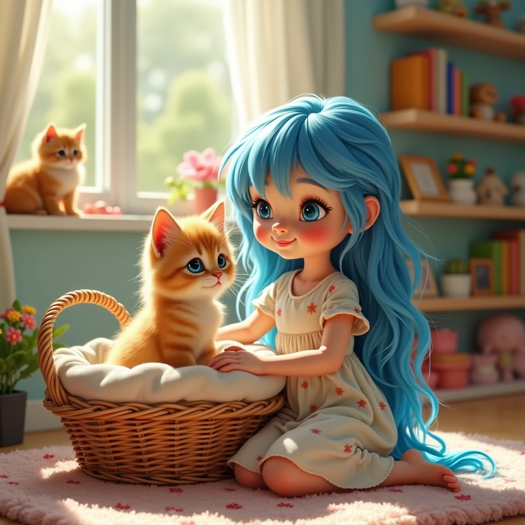 A caramel Persian kitten with bright blue eyes in a beautiful basket with a baby girl with blue hair13age