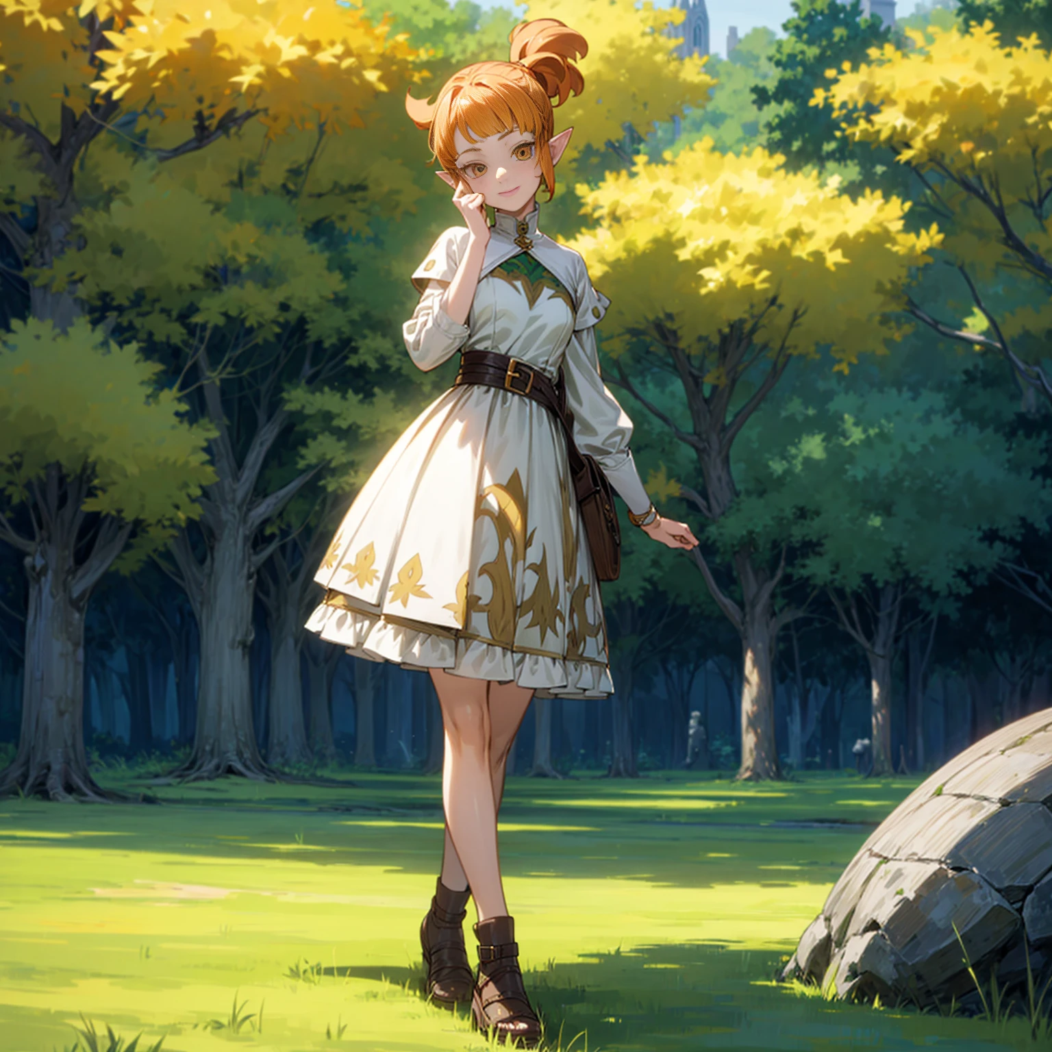 Solo character, full body version, kid girl, (elf), yellow eyes, orange color hair, bob haircut, ponytail, His hair covered his eyes, short dress outfit, white color dress, outdoor, park, village, medieval, detailed background, detailed clothing, detailed hair, standing gesture, (Hunter x Hunter style art, one piece style art), smile mouth 