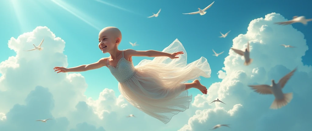 bald girl , in the sky flying