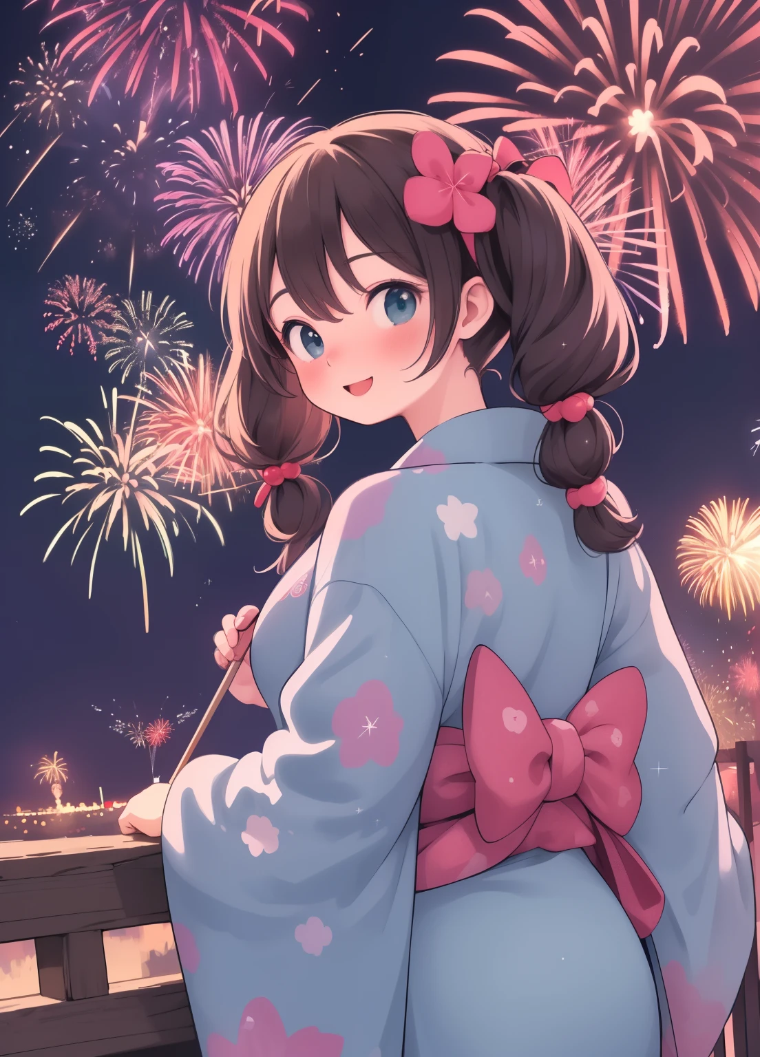 (masterpiece、Highest quality、Highest quality、Official Art、Beautiful and beautiful:1.2)、(One person:1.3)Hatsune Miku、Twin tails,Beautiful breasts, Katsushika Hokusai,(masterpiece:1.2),(Highest quality),(Very detailed),(High resolution),8k,wallpaper,(1 female:1.5),Anime illustration,Chibi Character,cute,Wearing a yukata,Look up at the sky and watch the fireworks,Rear view,break((Fireworks fill the night sky,beautiful Fireworks,Colorful fireworks)),(Beautiful night sky),(Happy expression:1.5),((From below)),(dynamic:1.3),Raise your arms,(Great hands)