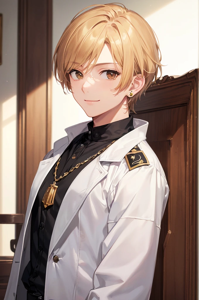 (((masterpiece; best quality: 1.2))), (detailed eyes: 1.3), ((1 young man)), ((solo)), (brown eyes: 1.4), (body shape; lean, masculine, manly face: 1.3), (short blond hair: 1.3), (clear background: 1.2), ((depth of field)), (equipment: masculine noble garb + white overcoat + black shirt + jabot + justice scale badge + black stud earring: 1.3), (anime illustration: 1.2), (background composition; fantasy manor interior + furniture: 1.1), (handsome: 1.1), (shot composition; standing + centered on face + bust close-up: 1.5), (facial expression; calm + smile: 1.2)