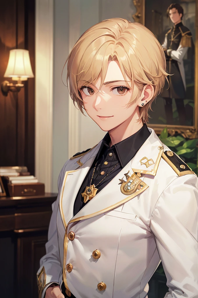 (((masterpiece; best quality: 1.2))), (detailed eyes: 1.3), ((ung man)), ((solo)), (brown eyes: 1.4), (body shape; lean, masculine, manly face: 1.3), (short blond hair: 1.3), (clear background: 1.2), ((depth of field)), (equipment: masculine noble garb + white overcoat + black shirt + jabot + justice scale badge + black stud earring: 1.3), (anime illustration: 1.2), (background composition; fantasy manor interior + furniture: 1.1), (handsome: 1.1), (shot composition; standing + centered on face + bust close-up: 1.5), (facial expression; calm + smile: 1.2)