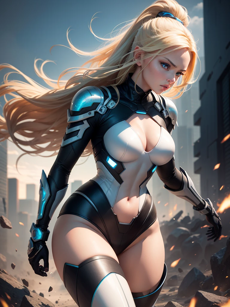 Create an image of a tall, powerful, blonde-haired female android with striking blue eyes, dressed in futuristic battle armor. She should have a sleek, athletic build with accentuated curves, including a well-defined hourglass figure. Her expression is confident and fierce, as if she's ready for combat. Her hair flows freely, and her stance is dynamic, as though she's in the middle of a high-energy fight. The background could show a futuristic city or a battle-scarred landscape.