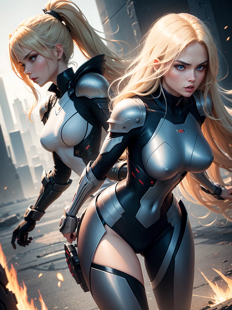 Create an image of a tall, powerful, blonde-haired female android with striking blue eyes, dressed in futuristic battle armor. She should have a sleek, athletic build with accentuated curves, including a well-defined hourglass figure. Her expression is confident and fierce, as if she's ready for combat. Her hair flows freely, and her stance is dynamic, as though she's in the middle of a high-energy fight. The background could show a futuristic city or a battle-scarred landscape.