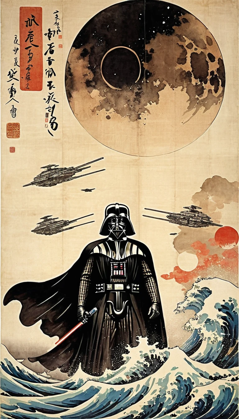 masterpiece,Darth Vader's upper body、Death Star,Japanese paintings drawn with ink and water,(Beautiful gradation created by layering),(Tarashikomi technique),(dynamic)、Ink Painting、Ukiyo-e、Chinese character、Faded、Movie Posters