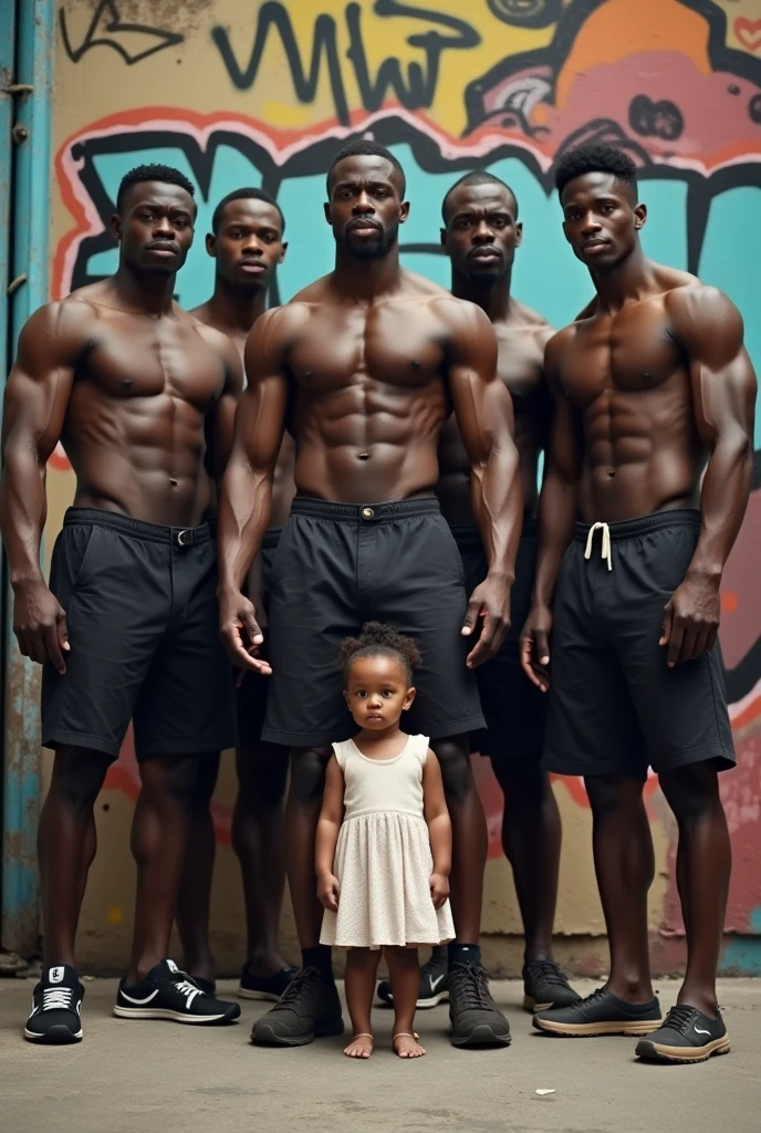 A picture of 7 very muscular black men behind a  white girl on her knees 