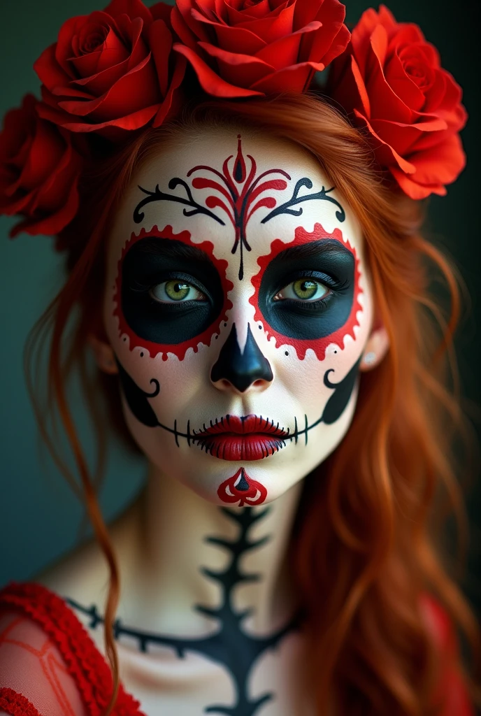 close-up photo of the face ,beautiful redhead with mexican skull painted face, new, skin fair