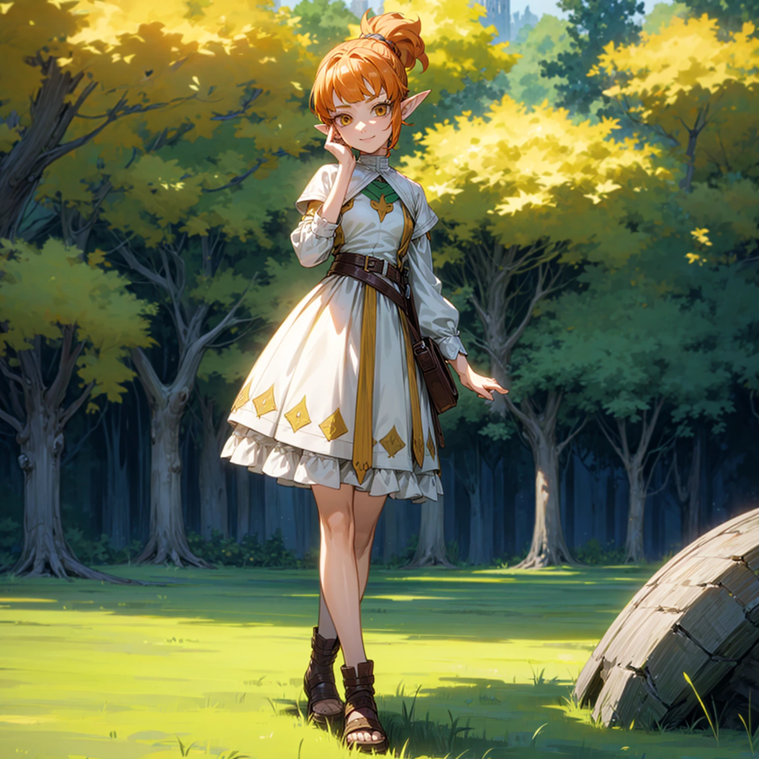 Solo character, full body version, kid girl, (elf), yellow eyes, orange color hair, bob haircut, ponytail, His hair covered his eyes, short dress outfit, white color dress, outdoor, park, village, medieval, detailed background, detailed clothing, detailed hair, standing gesture, (Hunter x Hunter style art, one piece style art), smile mouth 