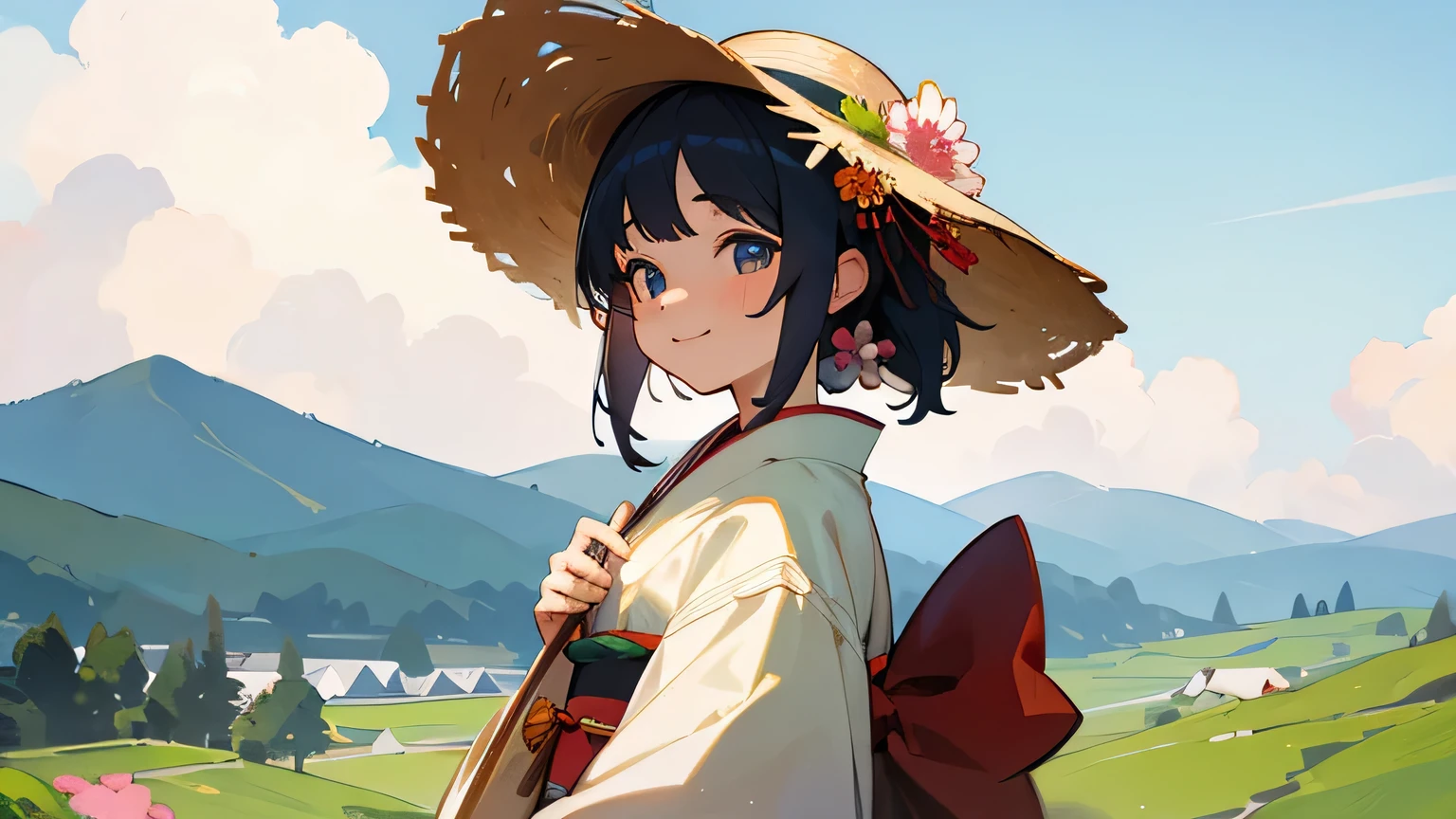 summer,mountain,nature,smile,kimono,japanese girl,straw hat,flower