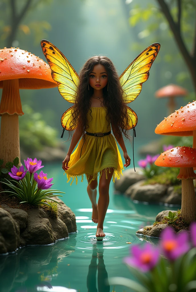 Tiny fairy with brown skin and brown wavy hair. She look Native American, she’s in the fairyland surrounded by water, mushrooms and flowers 