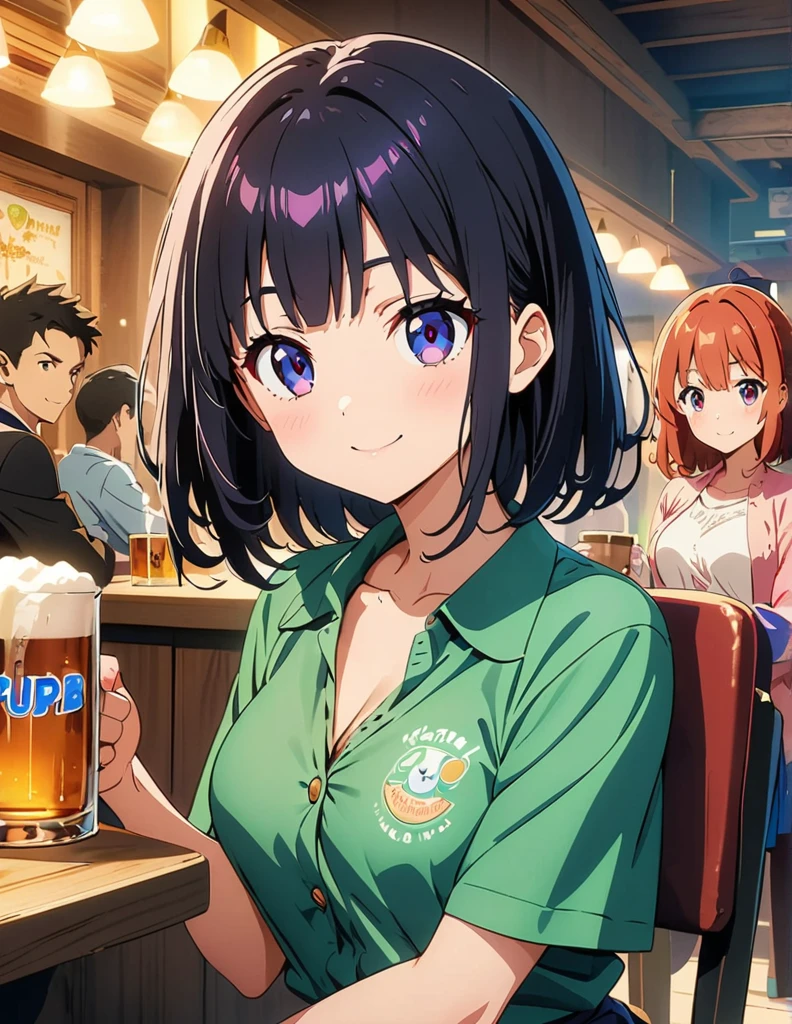 (anime artwork, anime style, studio anime, very detailed, up to date, vibrant, Anime Coloring, high contrast, masterpiece:1.2, best quality, best aesthetics),multiple girl,multiple boy,friend,drinking party,Japanese pub , Medium chest,random hair, perfect proportions, high detail skin, Cute, detailed faces, sit,happy smile, table chair,holding beer mug