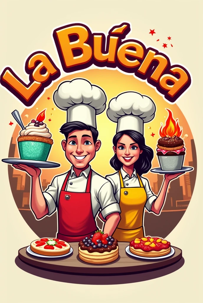 Logo of male and female cake and skewer chefs for a fast food restaurant with the name La Buena Mordida
