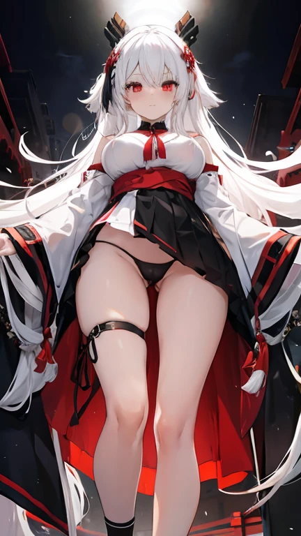 nsfw, 1 girl, (((black and white two-color hair, left half of black hair, right half of white hair))), long loose hair, red eyes, black and white miko priestess clothes, visible breasts, huge breasts, visible nipples, below the breasts, (((from below))).