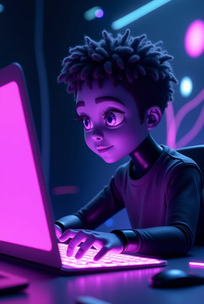 A young purple person on a purple computer with black