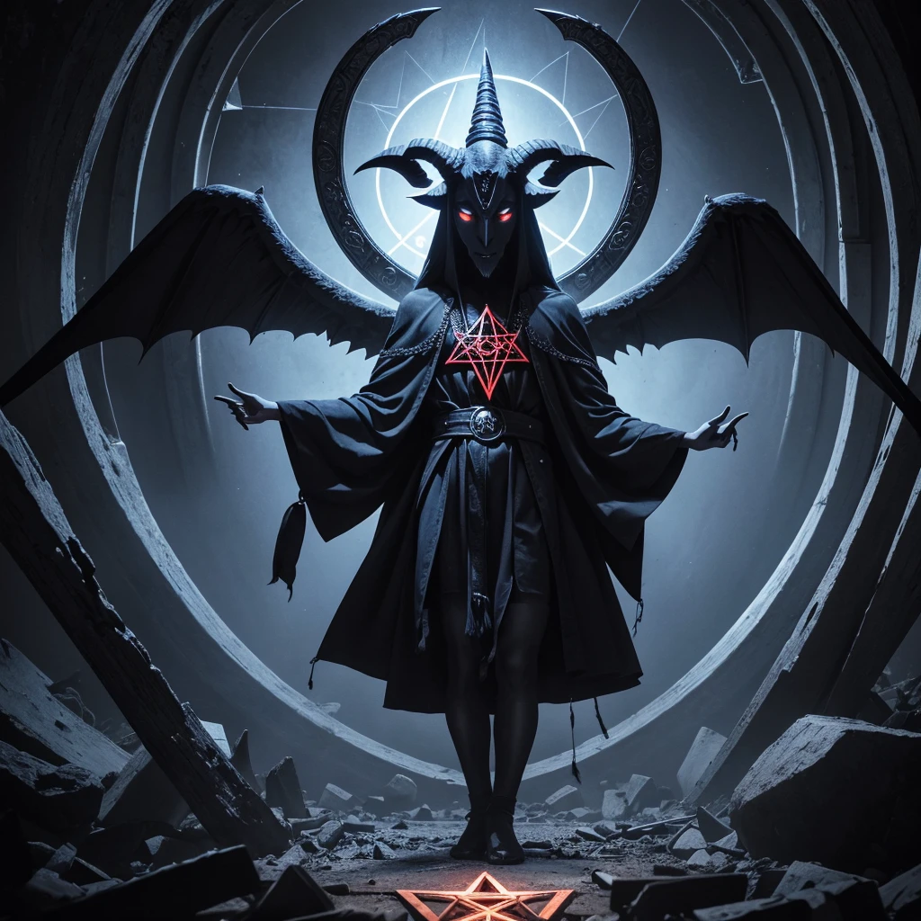 Image of Baphomet holding an inverted pentagram