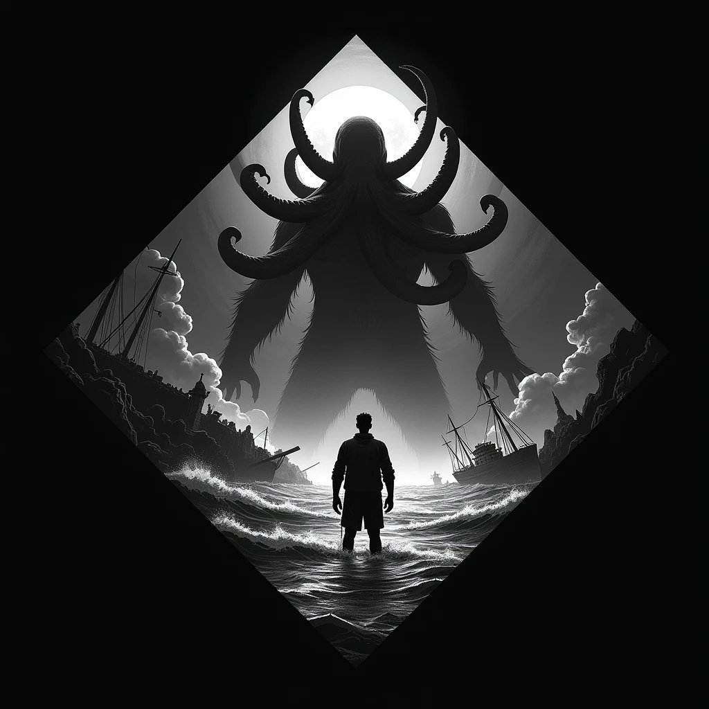 diamond shape canvas with black background, cthulhu lovecraft ,cthulhu, lovecraft ,Work by HP Lovecraft , dark ocean, ghostly harbour Terror, man standing in ocean staring up at cthulu, haze, haze, fear ,frightful, shipwreak and harbor , dramatic lighting , cinematic lighthing, black and white, square logo, animated cartoon style - all of this on a diamond shape with black background, diamond shape main image area