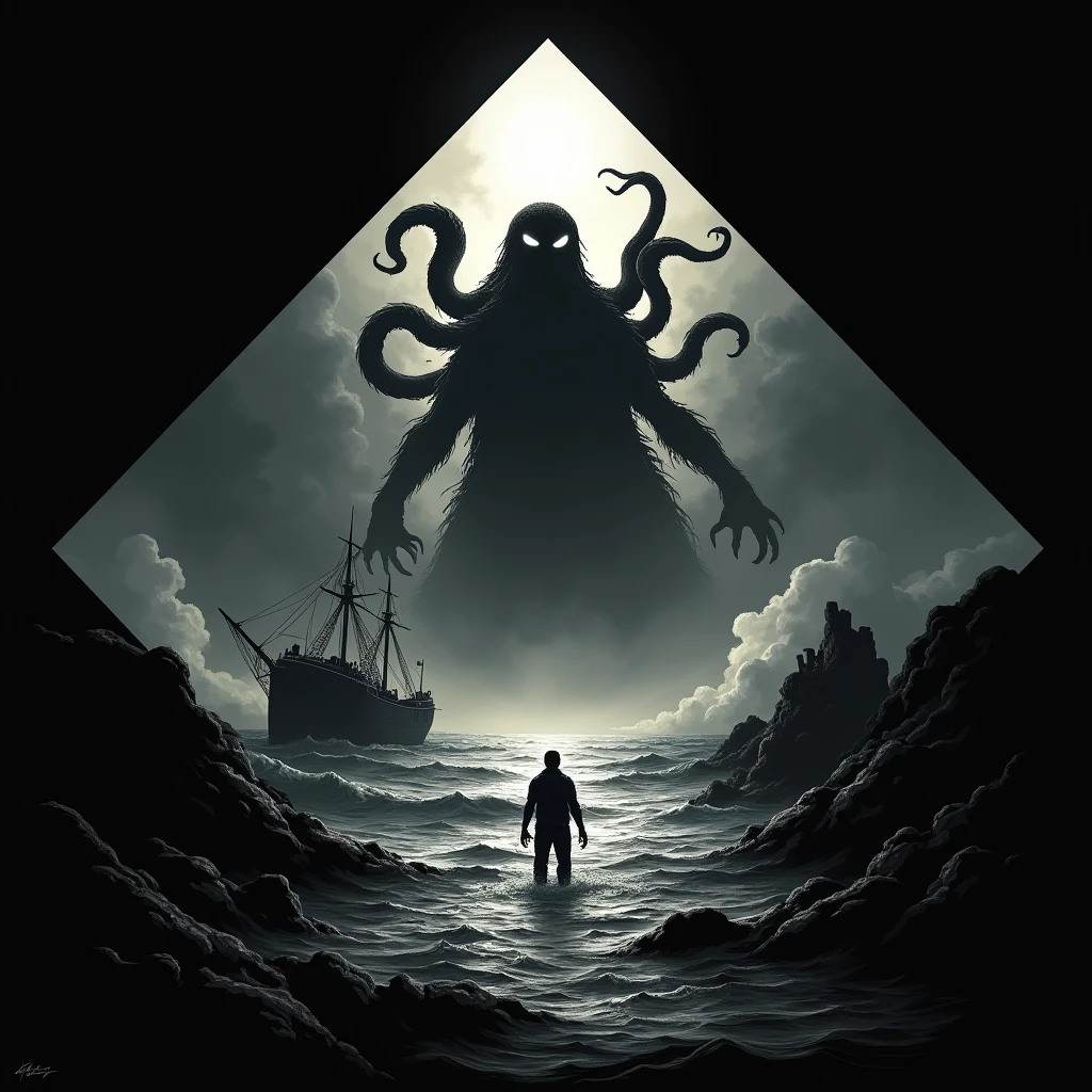 diamond shape canvas with black background, cthulhu lovecraft ,cthulhu, lovecraft ,Work by HP Lovecraft , dark ocean, ghostly harbour Terror, man standing in ocean staring up at cthulu, haze, haze, fear ,frightful, shipwreak and harbor , dramatic lighting , cinematic lighthing, black and white, square logo, animated cartoon style - all of this on a diamond shape with black background, diamond shape main image area
