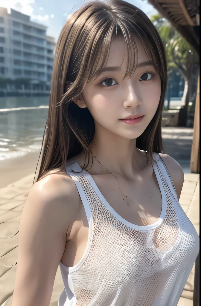 Asian, beautiful, thin, cute, 23 years old, Beautiful , beautiful顔,ふわりとしたセクシーな唇 beautiful肌,White soft skin texture, actress, mature, Body, Light brown hair, thin髪,Silky Hair, Live Action, Tabletop, Highest quality, Ultra high definition, Exquisite 8K raw photo: 1.5, Ultra-high resolution, Delicate depiction, Sheer Casual Fashion, Lighting, Sheer Summer Fashion, (Natural brown hair: 0.8), (Puffy eyes), ing at the audience, turn around, Bleached Hair, Model pose, beach resort background, Summer sunshine, Lens flare, Delicate skin types, thin巻き毛, Shyly, Put your hands around your mouth, Detailed Description,(White T-shirt with rough mesh: 1.5,Rough mesh tank top: 1.5), Hair model photoshoot, Bust Shot,