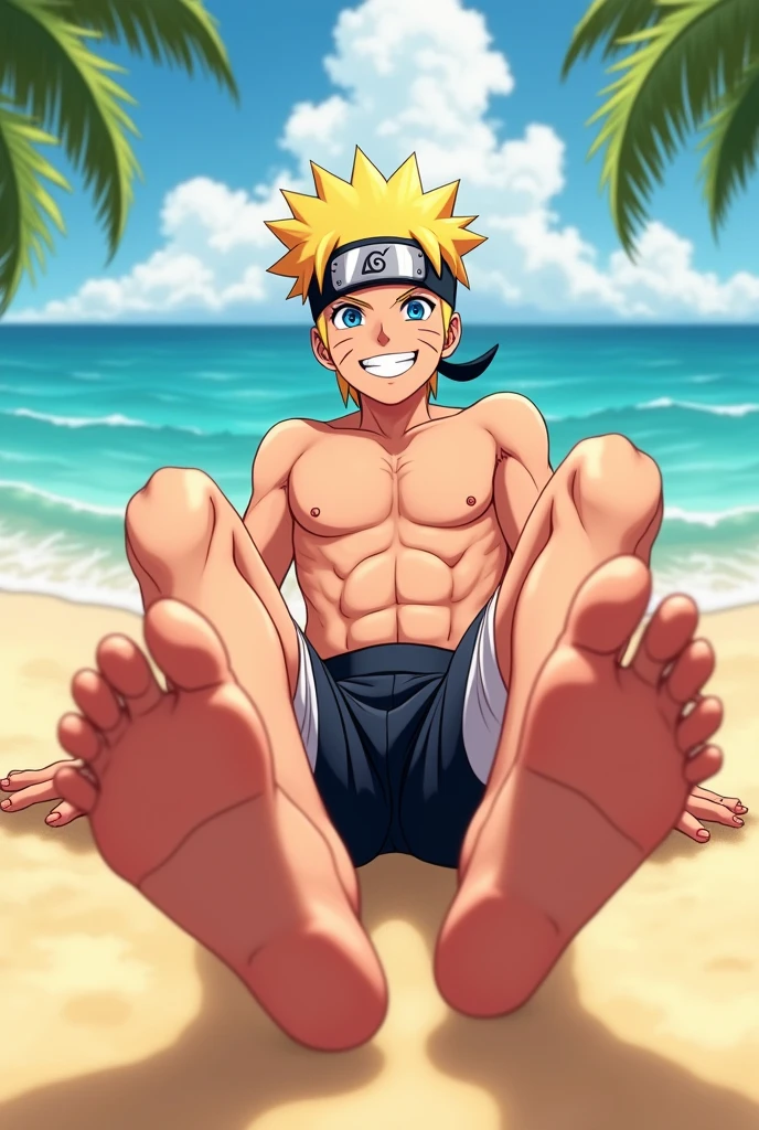 Realistic and professional cartoon style drawing of Naruto Uzumaki's feet with a full body, sentado en la playa sin camisa y sonriendo
Que las plantas de los pies se vean de frente e ilumina sus pies 👣 detalla los dedos y la planta del pie