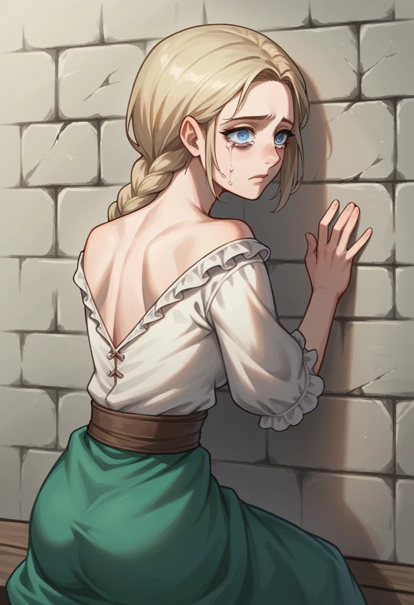 Platinum Blonde hair woman, beautiful, blonde eyelashes, gojo eyes, light blue eyes eyes, sexy body, mature, perfect, adult woman, one big braid, villager woman, medieval villager, depressed, distress, want to kill herself, broken mind, eyebags, dead eyes, sitting against wall, tears, detailed face, back againgst wall