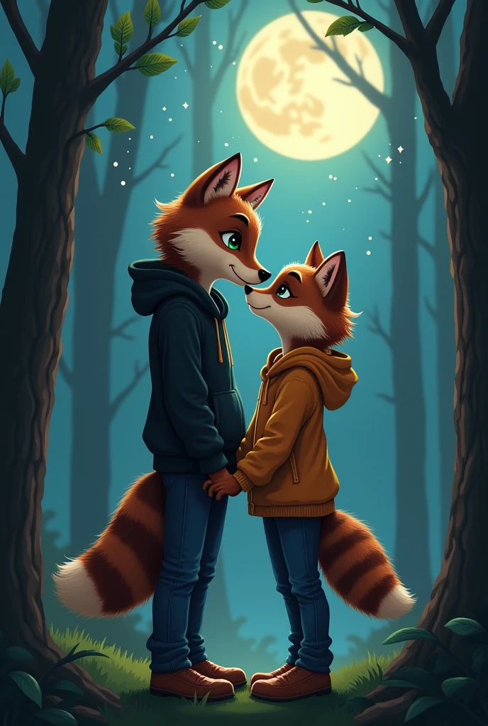 Masterpiece, best quality, 1wolf boy anthro, 1 raccoon girl anthro, brown body fur, walking, wear black hoodie, blue pants, green eyes, best eyes, detailed eyes, forest, night, Full Moon, stars on the sky, kissing, blushed face