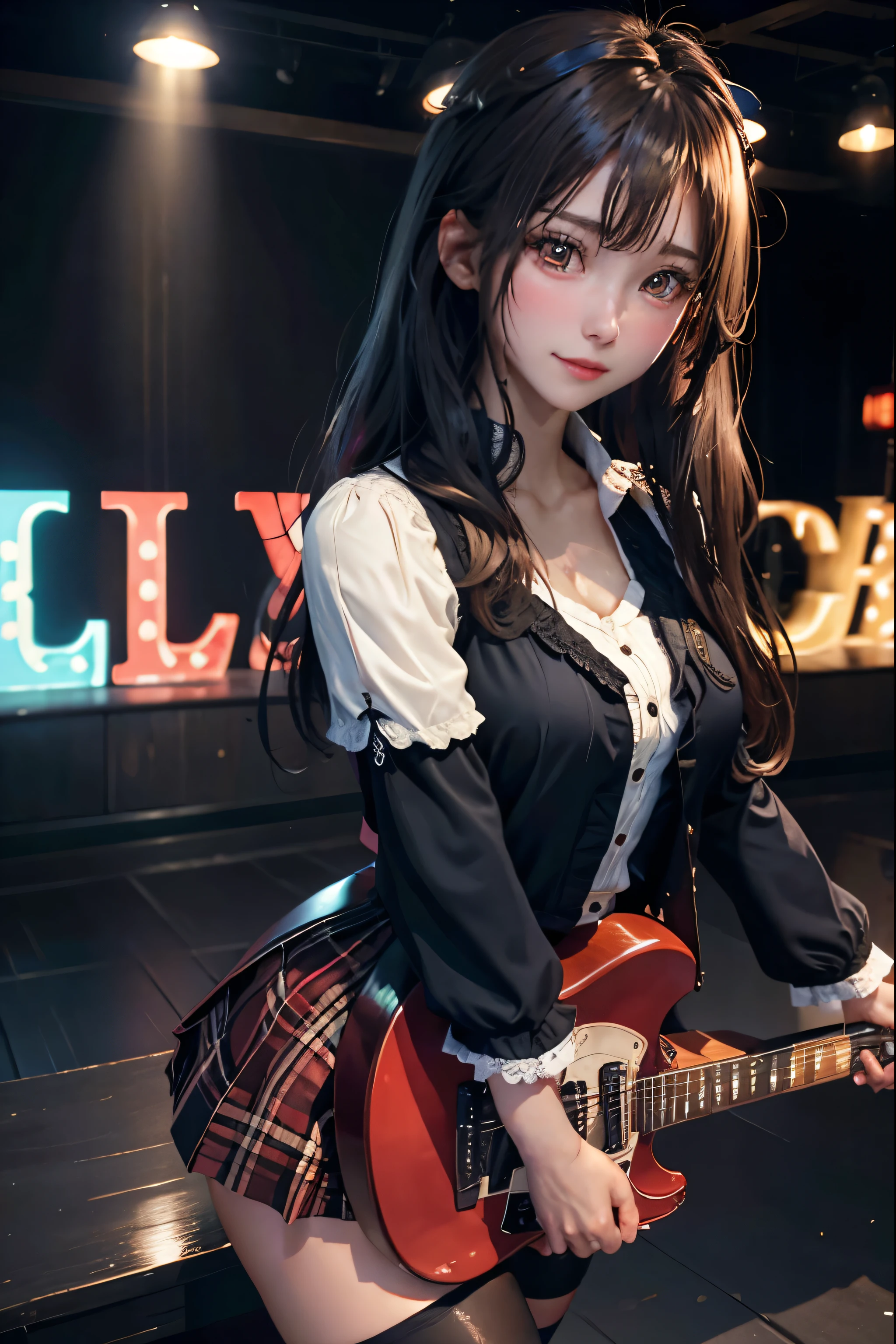 High school girl blazer、uniform、Red checked knee-length skirt、Long skirt、JK Style、Jacket、smile、Knee-high socks、Thigh-high socks、pantyhose、Extremely beautiful、Super cute、ennui、Rare Beauty、Dark black eyeshadow、sad、Skin radiance、Long Hair Straight Hair、Dark Gothic Makeup、Dark Smile、Fragrant beauty、Stained glass background、masterpiece、Highest quality、See 5 books、Sweat glistening on my chest、Sweat glistening on the face、Small breasts、22 years old、Slightly slim、Mysterious look、Sad look、Mysterious Gothic Church、enchanting castle、Excessive sweating all over the body、Sweat dripping down thighs, shining in the light、Shiny thighs、Thighs、Sweat on thighs, shining brightly、sweat profusely、gal、Small breasts、Japanese face、Captivating look、Thin Thighs、play the guitar、I have a guitar、Enthusiastic singing、play the guitar in a band、Playing guitar chords、Background of the live music venue、Sing a song、Open your mouth、Scenery of a live music venue、Mike stand、Glamorous live stage、Dynamic Angles、Vivid straight long hair、delicate straight hair、
