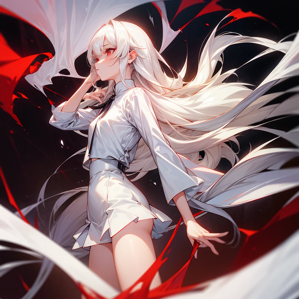 A girl with long, platinum blonde hair that reaches her shoulders, red eyes, wearing a white shirt and a short black skirt.,tay cầm dao ngắn