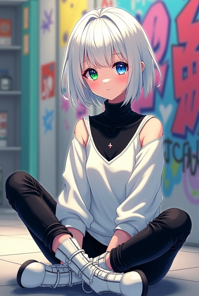 anime style,  woman, with the right eye blue and the left eye green, short white hair.
She's wearing a black turtleneck and a white V-neck sweatshirt.. 
She is wearing black jeans decorated with straps and white boots..
sitting cross-legged