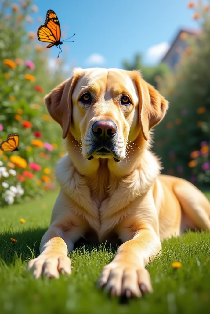 Genera a un perro de raza fila brasilero que nacio hace 1 años de color beige con la nariz amarilla y que sea gordito no exagerado