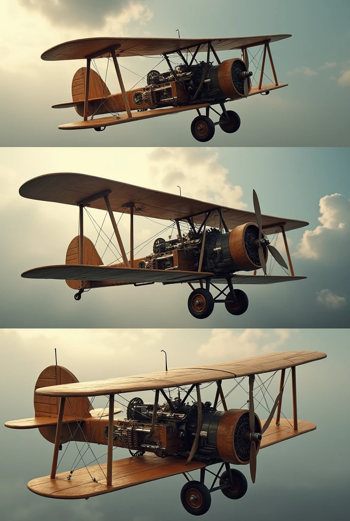 Una imagen de un avión de la primera guerra mundial pero menos avanzado
Con un funcionamiento de engranajes sencillos y un motor pequeño y simple a base de petróleo ( que sea una imagen completa donde aparezca el avión completo y que se vea el mecanismo sencillo de engranajes ) una imagen dividida para que se vea el avión de distintos angulos y que sea un poco más ficticio