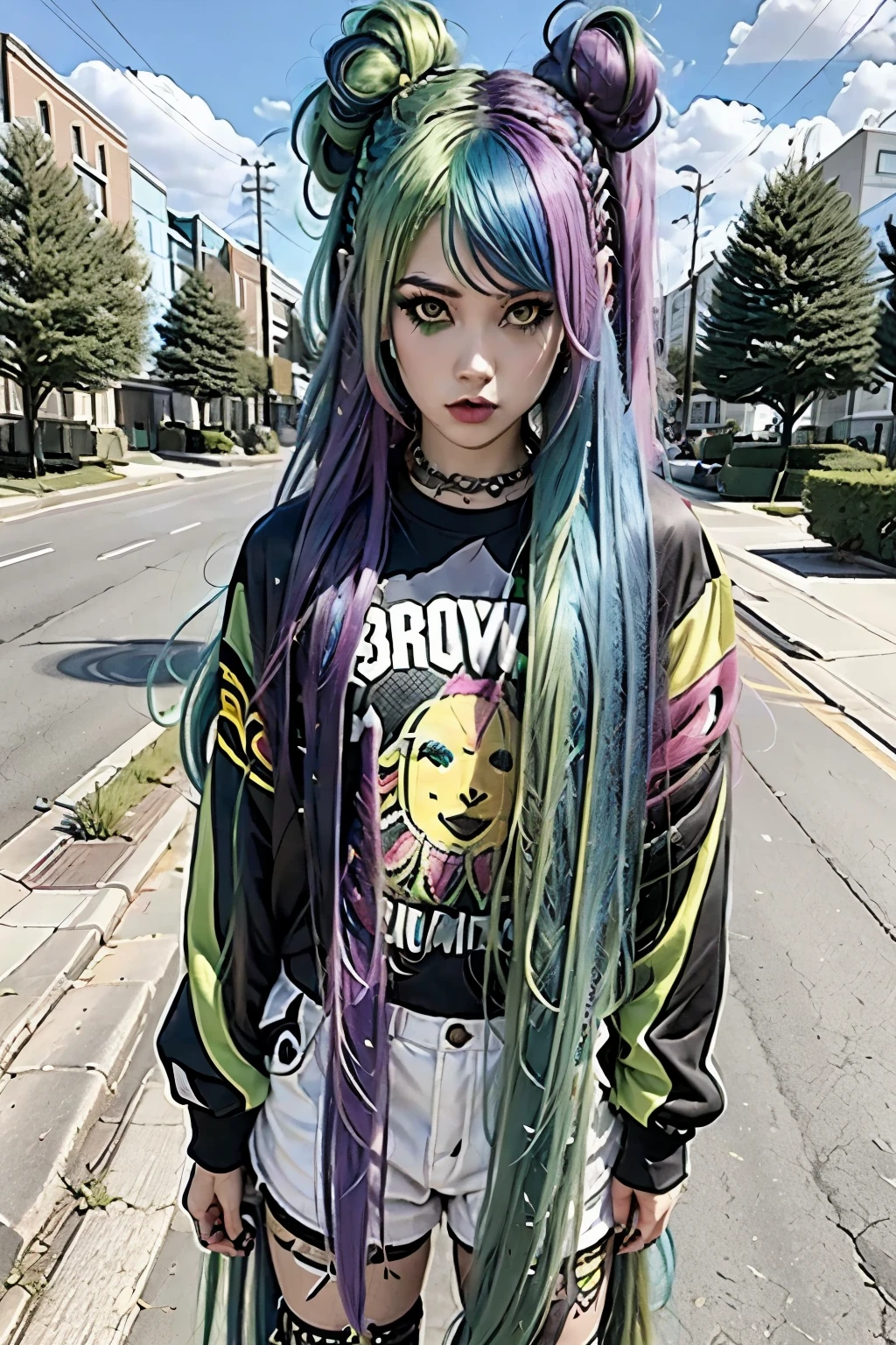 a close-up of a person with green hair and a skateboard, wild raving outfit, raving outfit, wearing a punk outfit, raverizer girl, dirty woman with rainbow hair, bold raving outfit, punk outfit, rainbow in the background, with rainbow hair sprouting, dressed in crustpunk clothing, long and shiny colored hair, second life avatar, colorful braid, Overview